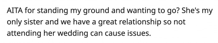 Do you think OP was being selfish when she insisted on attending her sister's wedding?