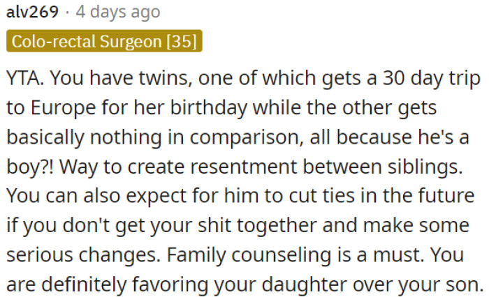This favoritism is creating resentment between the children and could lead to serious consequences in the future.