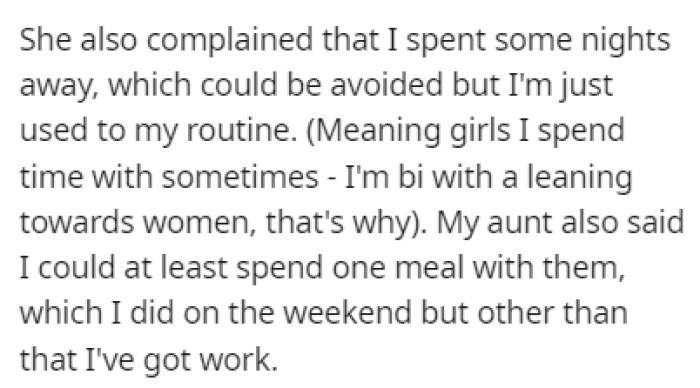 The Aunt Also Complained About OP Spending Nights Away from Home and Not Spending Enough Time at Home in General
