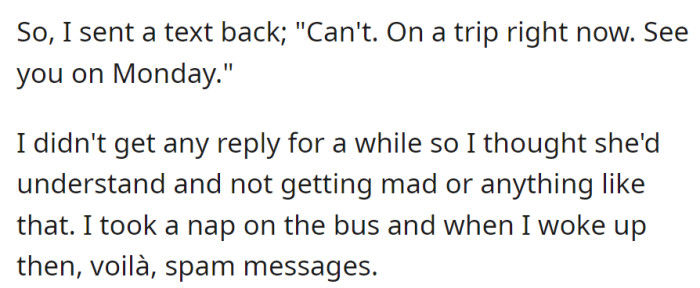 After notifying her mother of her trip, she received spam messages upon waking from a nap, indicating a possible lack of understanding.