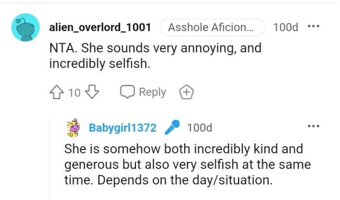 OP says she is somehow both incredibly kind and generous