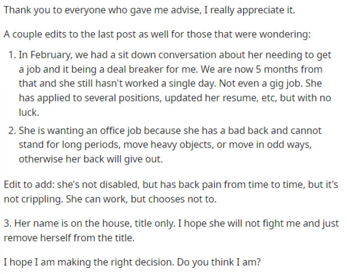 He added a few edits to his post to explain some details about his plan and also provide more information on his fiancée's job situation.