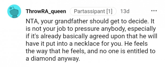 No one is entitled to the diamond anyway