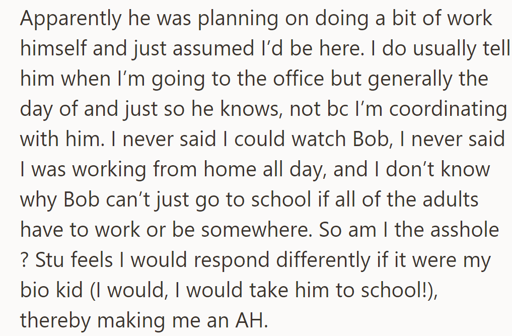 OP didn't confirm childcare and got caught in an argument with Stu...