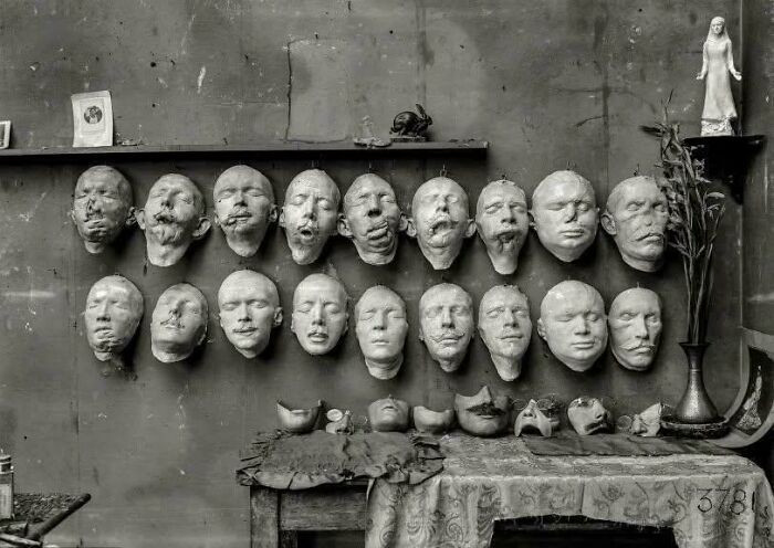 Masks documenting the reconstruction work of Anna Coleman Ladd, created for the American Red Cross to help World War I soldiers with severe facial injuries. Paris, August 1918.