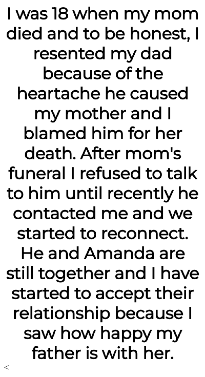 Re-establishing a connection with OP's father's fiancée following her mother's passing brings a sense of emotional resolution.