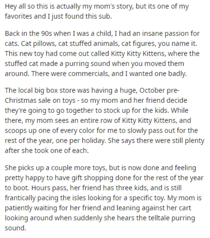 OP clarifies that the situation actually happened to her mom, not her, but still provides all the necessary details for context.