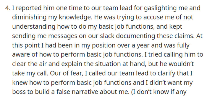 Facing baseless accusations and gaslighting from her boss, OP had to involve her team lead to affirm her competence and prevent the boss from creating a false narrative.