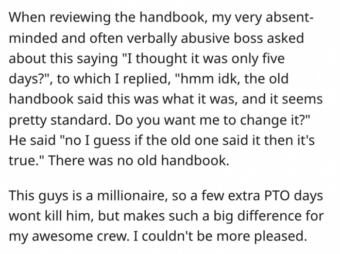 There is no previous handbook, and the boss didn't know this.