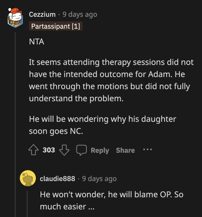 It was completely unfair for Adam and his family to blame OP for everything in the first place. Why didn't they see any problem with Larry's behavior and only commented on OP distancing herself?