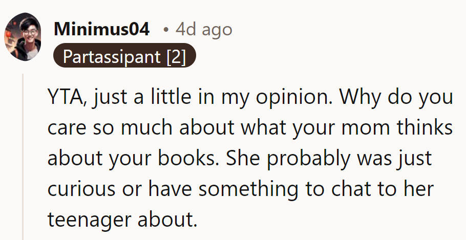 Let the mom be curious. She's just trying to bond over books.