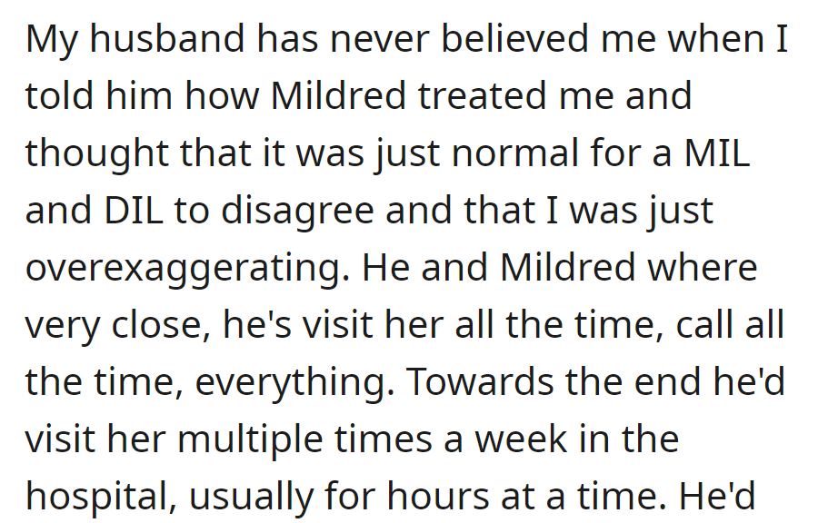 Husband Dismisses Wife's Concerns About Mildred, Thinking It's Typical MIL-DIL Discord.