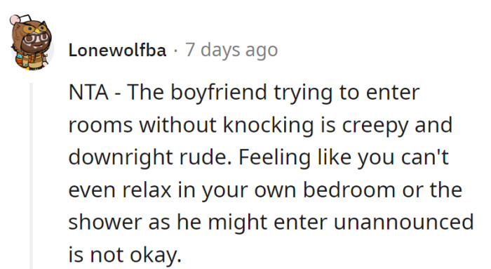 Roomie's boyfriend, the door ninja, is both creepy and rude. In her space, she sets the rules.