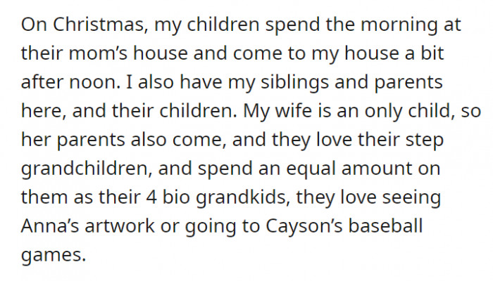 OP’s siblings and parents, along with his current wife’s parents, came to their house on Christmas. The wife’s parents love his children—all six of them—spending equal amounts of time with each of them.