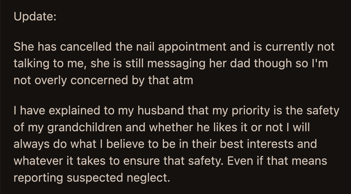Update: Her daughter stopped talking to her. OP's husband understands that her priority is their grandchildren's safety and that she wouldn't hesitate to call the authorities if her daughter endangers them.