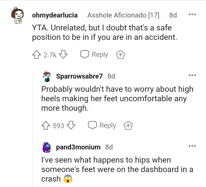This Redditor doubts if that's a safe position to be in when an accident happens