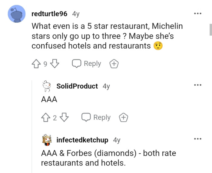 She is confusing hotels and restaurants