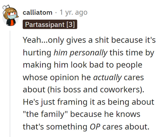 Classic move—suddenly cares about 'the family' when the spotlight's on him.