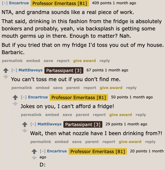Redditors may have agreed with what the OP did, but they think drinking directly from the fridge isn't right.