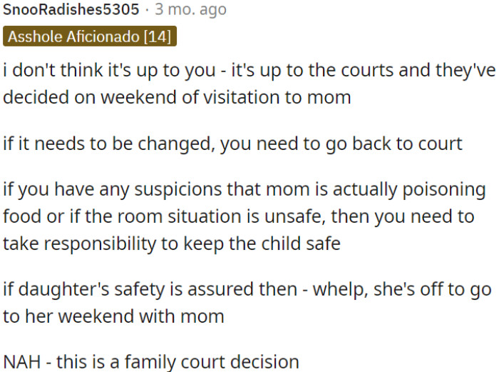 The court has determined the weekend for visitation with Mom, so it's not OP's decision.