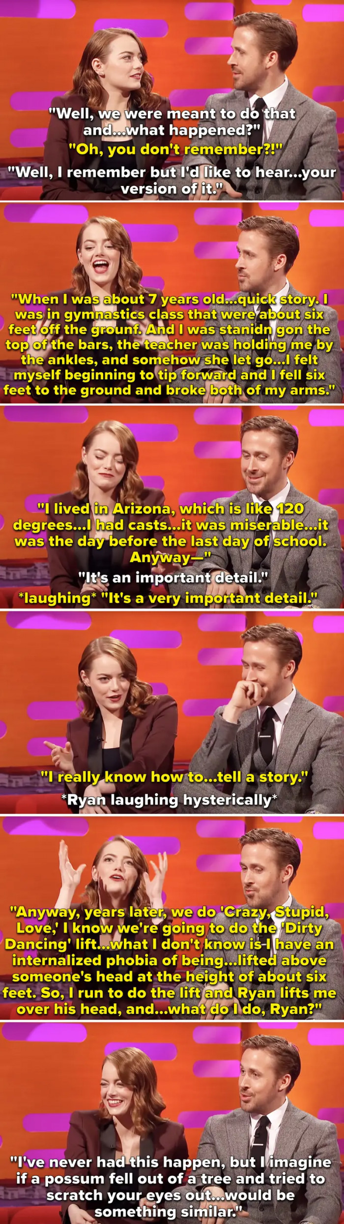 14. When Emma Stone and Ryan Gosling recalled the Dirty Dancing lift they did together.