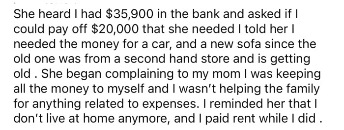 OP's sister complained to their parents after he refused to give her the money.