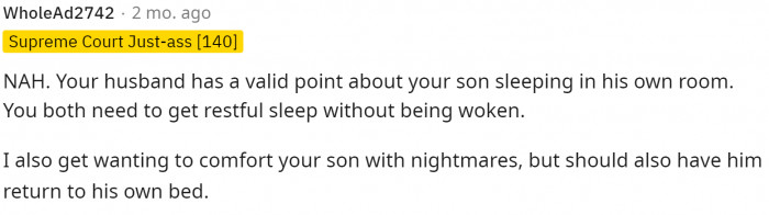 I think many comments agree that she should just get him back to his bed safely instead of letting him sleep with them.