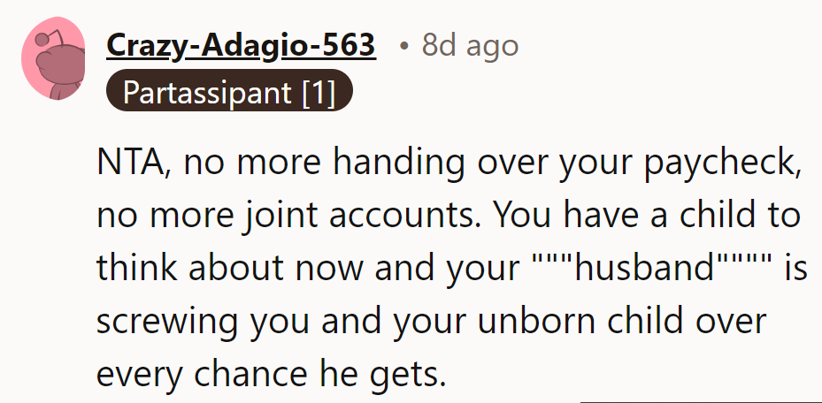 Closing the joint account and opening the 'No More Free Rides' savings plan. She's the solo CFO of parenthood!