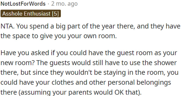 OP should consider the idea of using the guest room as her new room