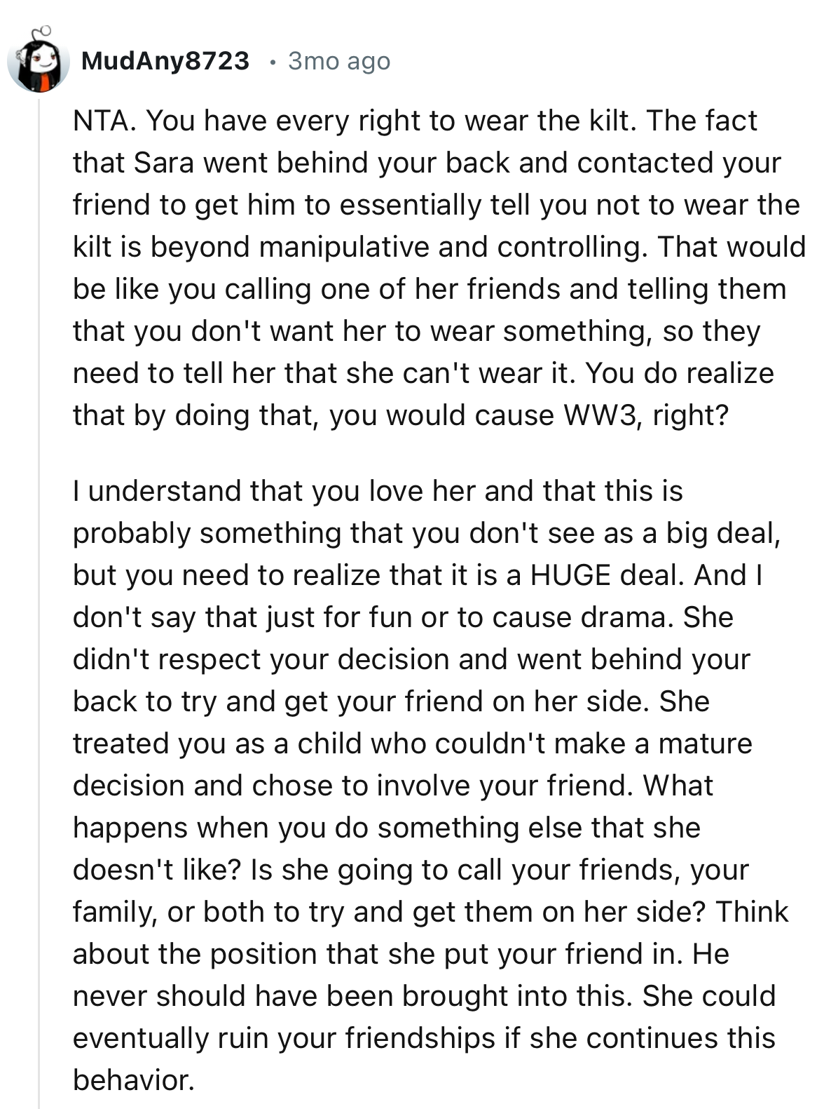 “I understand that you love her and that this is probably something that you don't see as a big deal, but you need to realize that it is a HUGE deal.”
