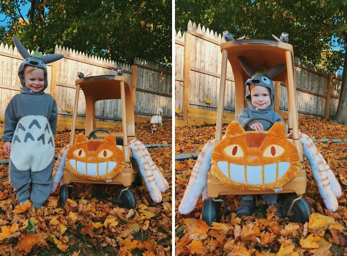 39. My Totoro-Obsessed Baby And His Catbus For Halloween