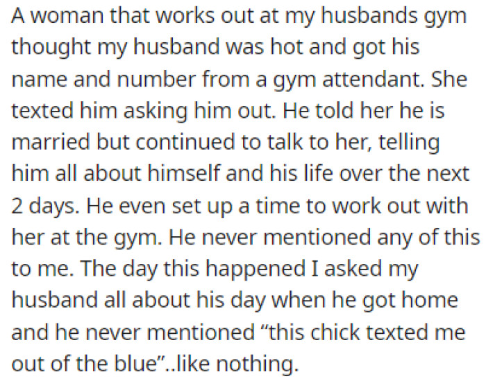 A woman who works out at the husband's gym found his number and texted him