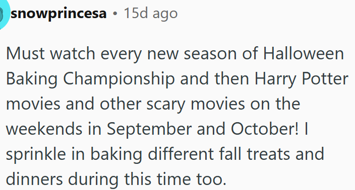 Weekend tradition of Halloween baking shows.