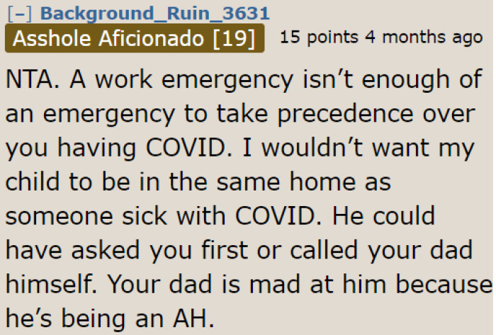 A work emergency doesn't excuse the brother from this bad choice.