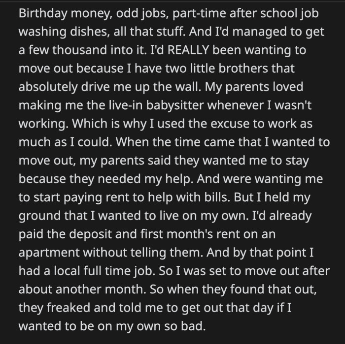 The teller informed her that the account was empty. Apparently, her parents took all of the money the day before.