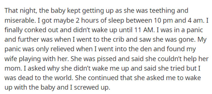 Then this is where things get crazy and they get into an argument about him not getting up with their daughter in the morning.