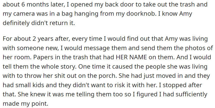 For the next two years, the OP warned Amy's roommates about her behavior each time she would move: