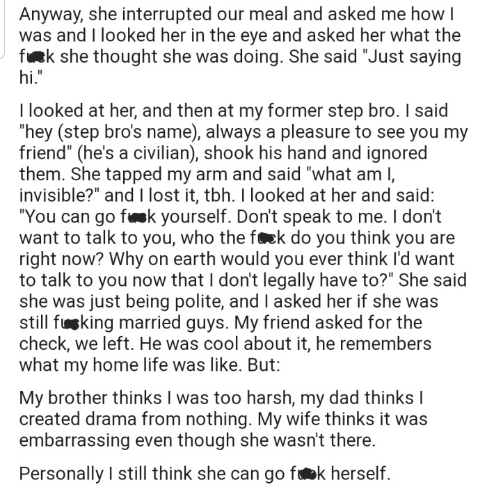 OP's ex-stepmom came over to say hi, but she certainly got something she didn't bargain for