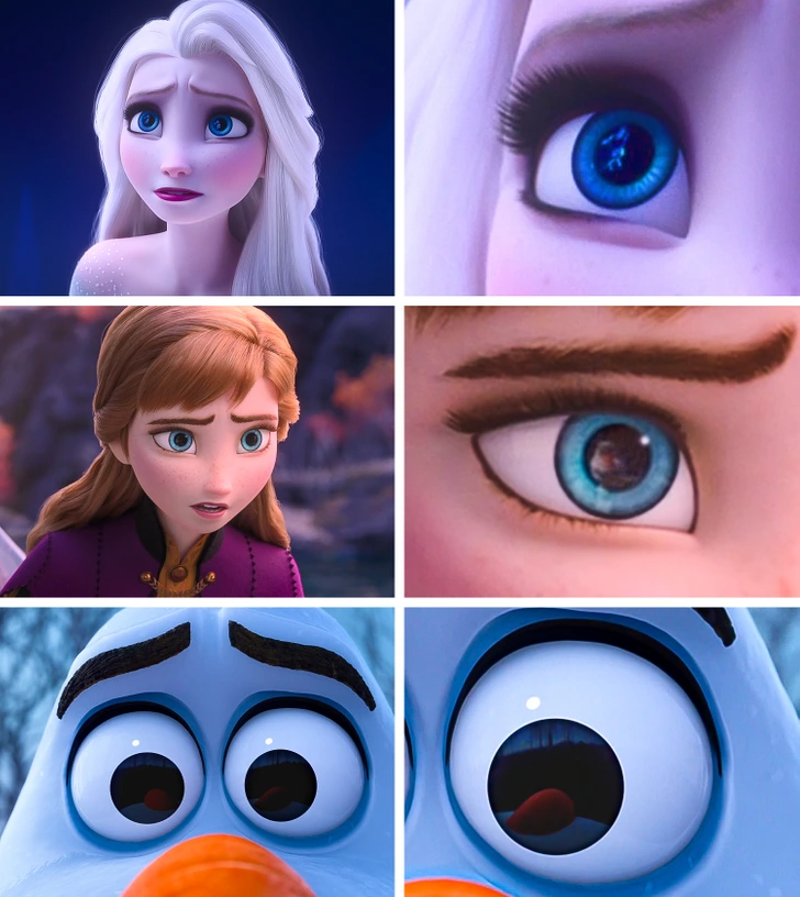 1. In Frozen II, the reflections in the characters' eyes mirror what they see.