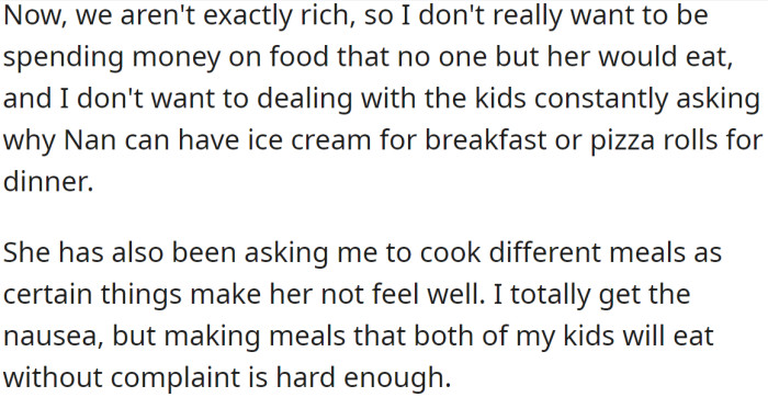 The OP wants to help her SIL as much as she can, but buying her junk food or cooking different meals for her is just too much:
