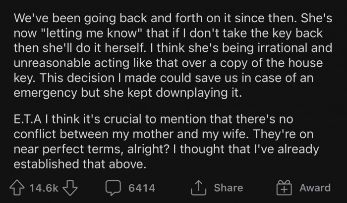 OP thinks his wife is acting irrationally by insisting that his mom give back the key.