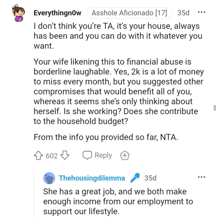 This Redditor wants to know what the OP's wife contributes