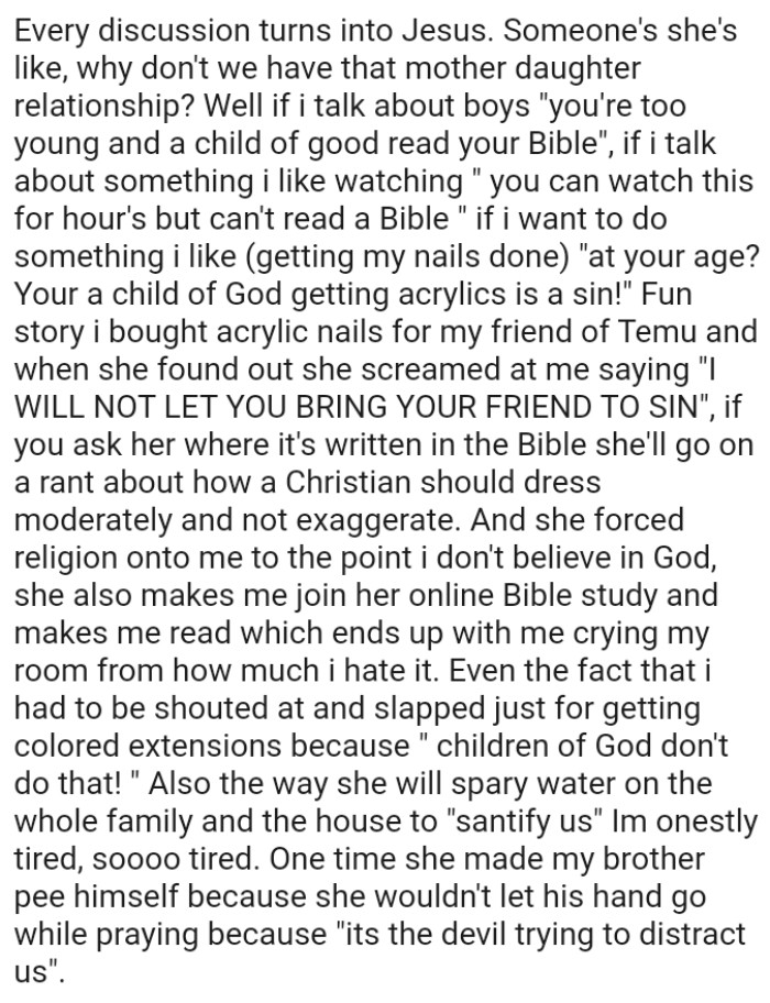 She'll go on a rant about how a Christian should dress moderately and not exaggerate