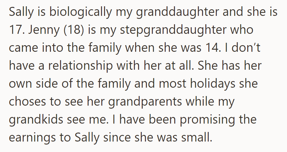 Sally, 17, is promised the earrings. Jenny, 18, is the step-granddaughter and spends holidays with her grandparents.