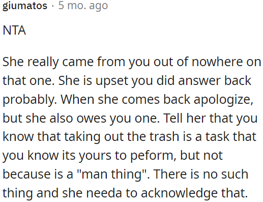 They should clarify that taking out the trash isn't a gender-specific task.