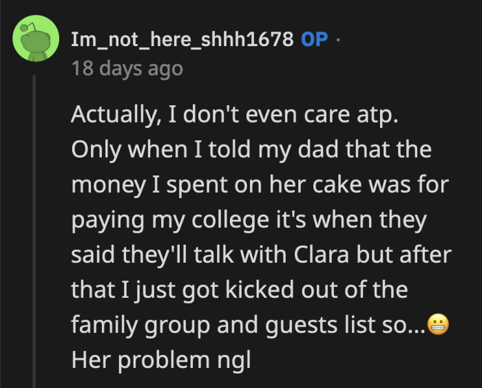 OP used her tuition fee money to buy the ingredients for Clara's cake yet she's the a**hole to her family