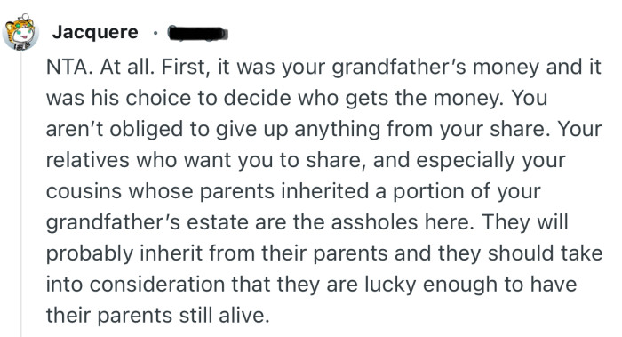 “You aren’t obliged to give up anything from your share.”