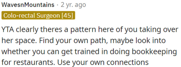 OP needs to try finding her own path