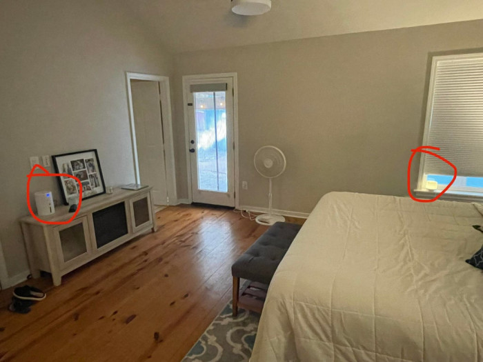 40. I came home from work. My wife said the bedroom was humid, so she turned on the dehumidifier. I looked over at the window and noticed she has a humidifier running.