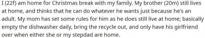 OP was home for Christmas break with her family.